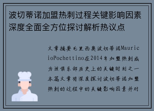 波切蒂诺加盟热刺过程关键影响因素深度全面全方位探讨解析热议点