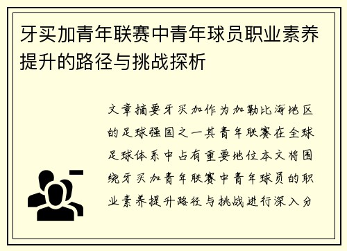 牙买加青年联赛中青年球员职业素养提升的路径与挑战探析